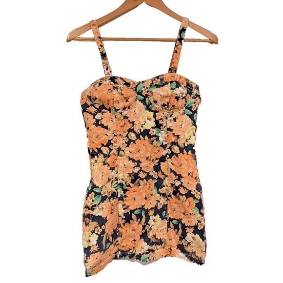 Floral Mini Dress Peach Orange Black Corset Sleeveless‎ Party Club Summer Cute - Picture 1 of 7